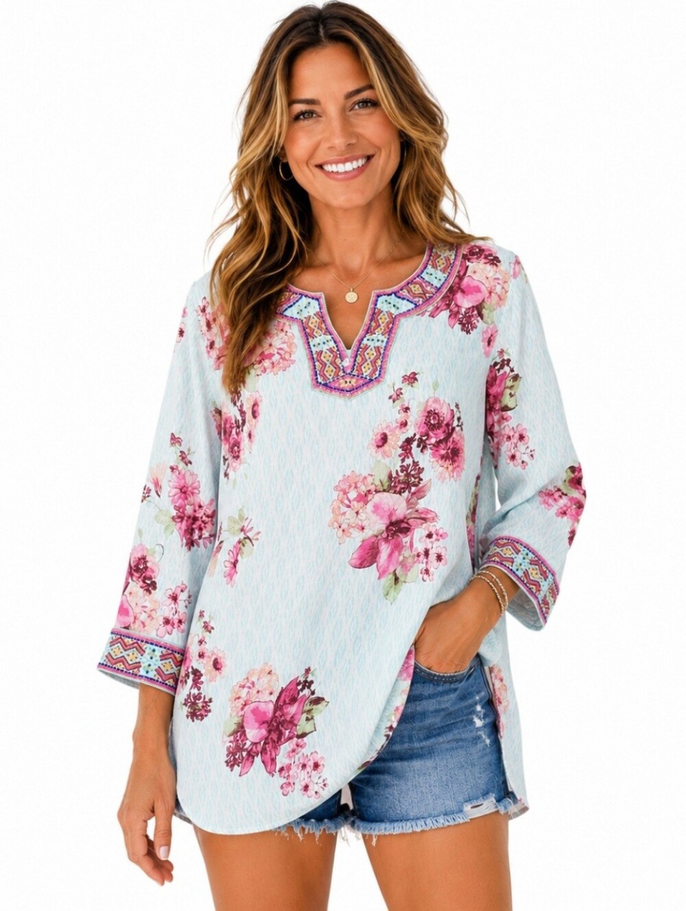 John Mark Floral Tunic Top SZ Medium Boho Embroidered Beaded Linen Cotton Blend